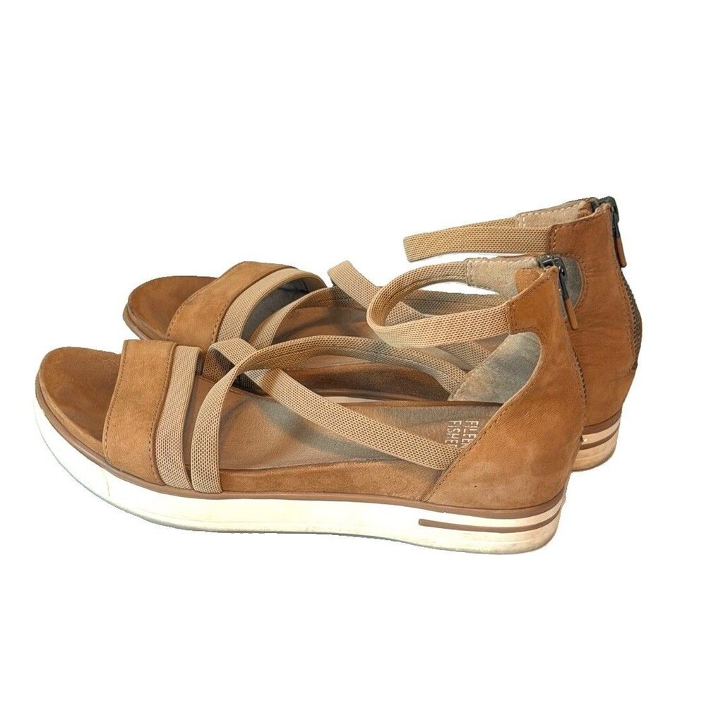 Eileen Fisher Size 6.5 SALLY Wedge Sandals Back-Zip Camel Nubuck Leather Strappy